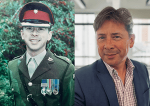 Martin in his military uniform and Martin today.